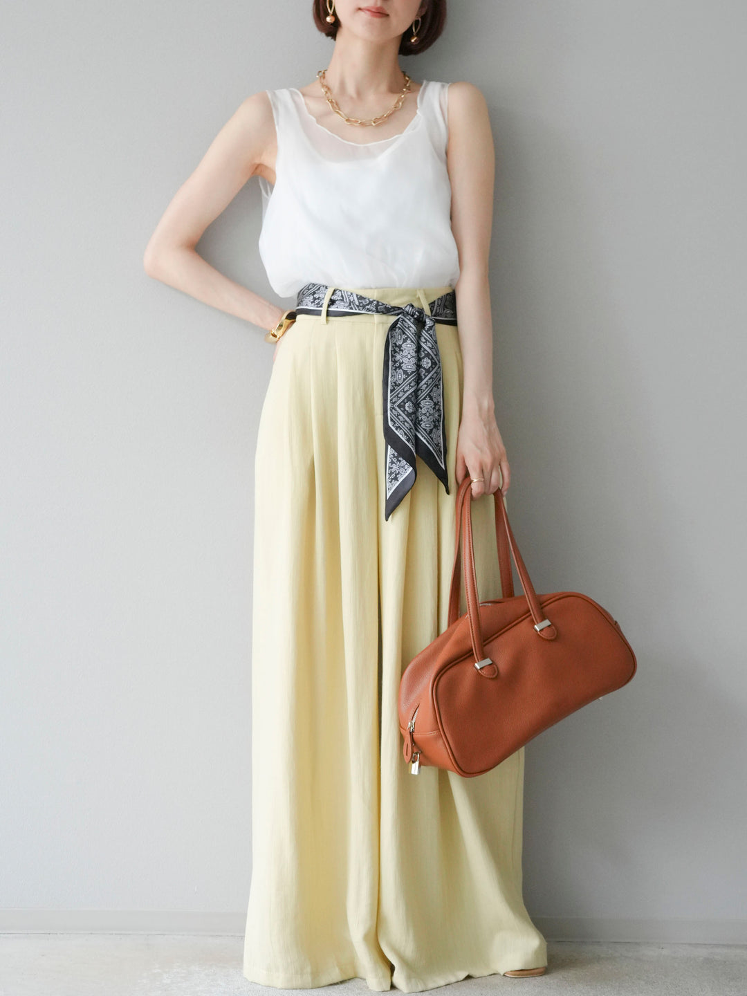 [予約]スカーフベルト付3タックワイドパンツ/イエロー
