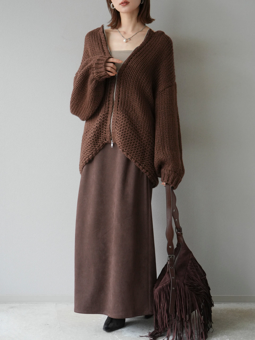 [予約]ロービングケーブルオーバーZIPニットカーディガン/ブラウン