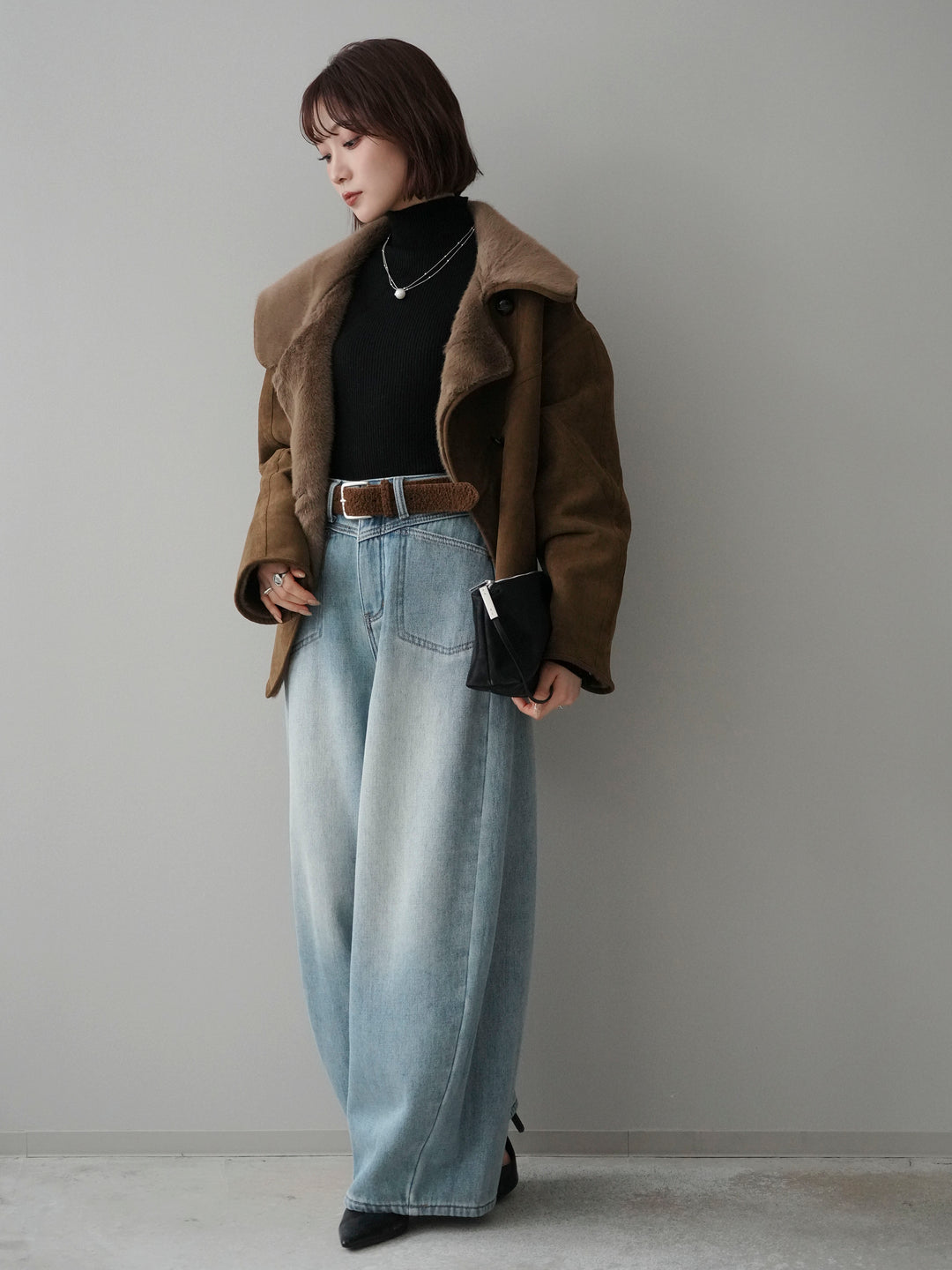 [SET]ムートンショートジャケット+ベルト付裏起毛カーブデニムパンツ(2set)