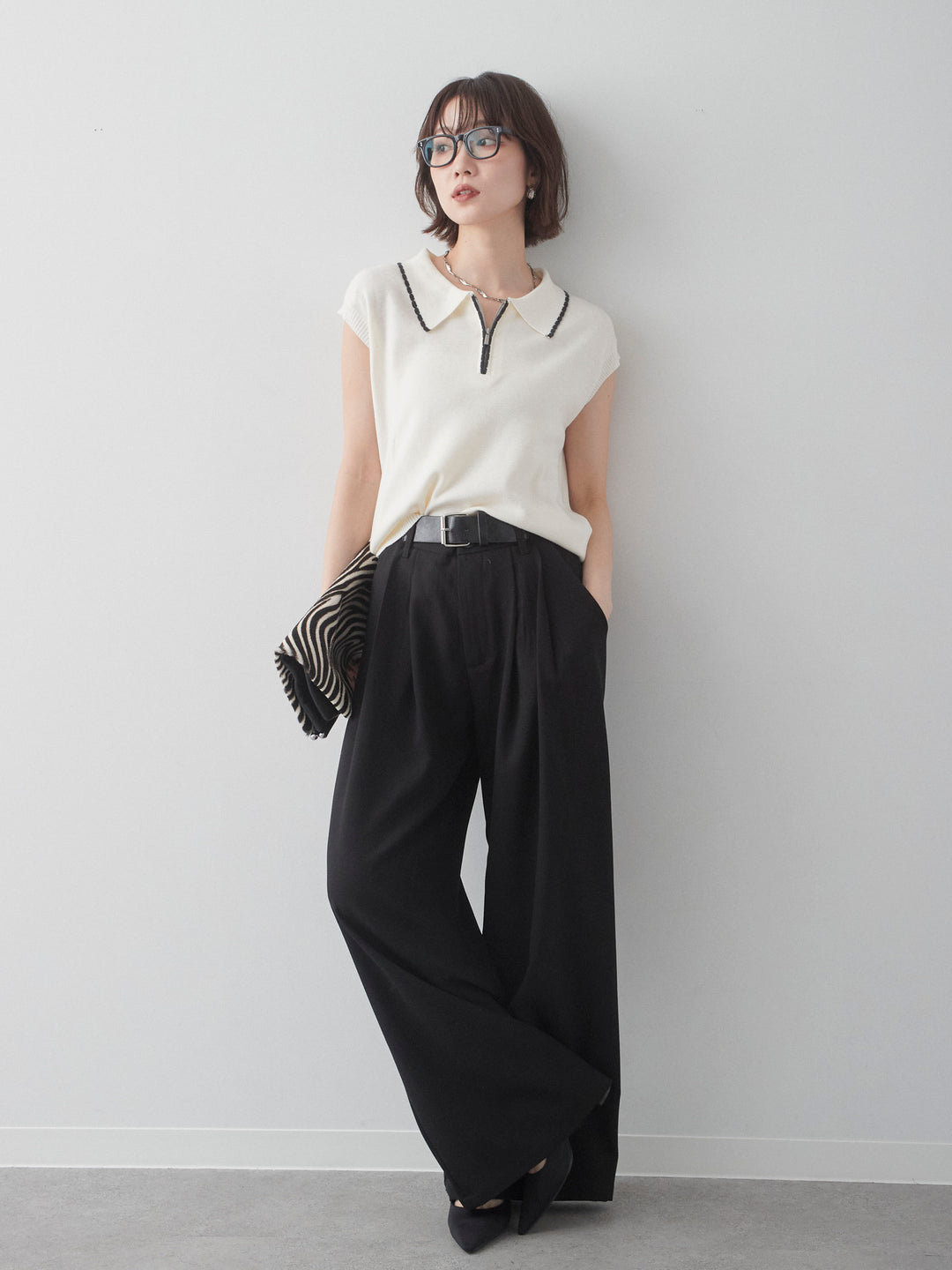 [SET]バイカラーハーフジップポロニットトップス+ベルトデザインツータックドレープワイドパンツ(2set)