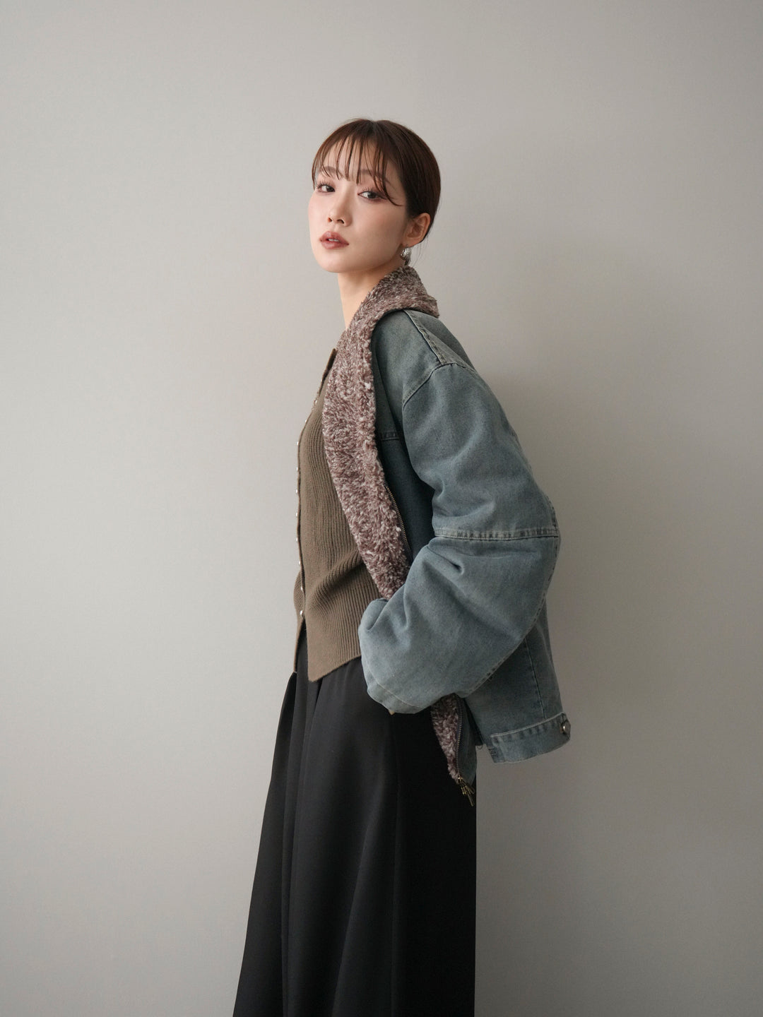 [SET]ミックスボアデニムジャケット+シルバーボタン畦編みニットカーディガン(2set)