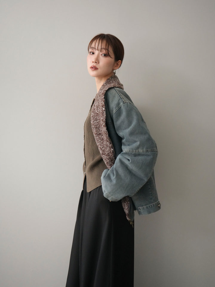 [SET]ミックスボアデニムジャケット+シルバーボタン畦編みニットカーディガン(2set)