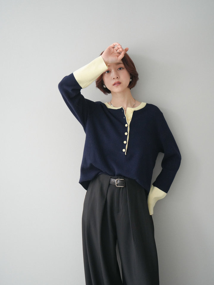 [SET]ヘンリーネック配色ニットソー+ベルトループデザインワイドパンツ(2set)