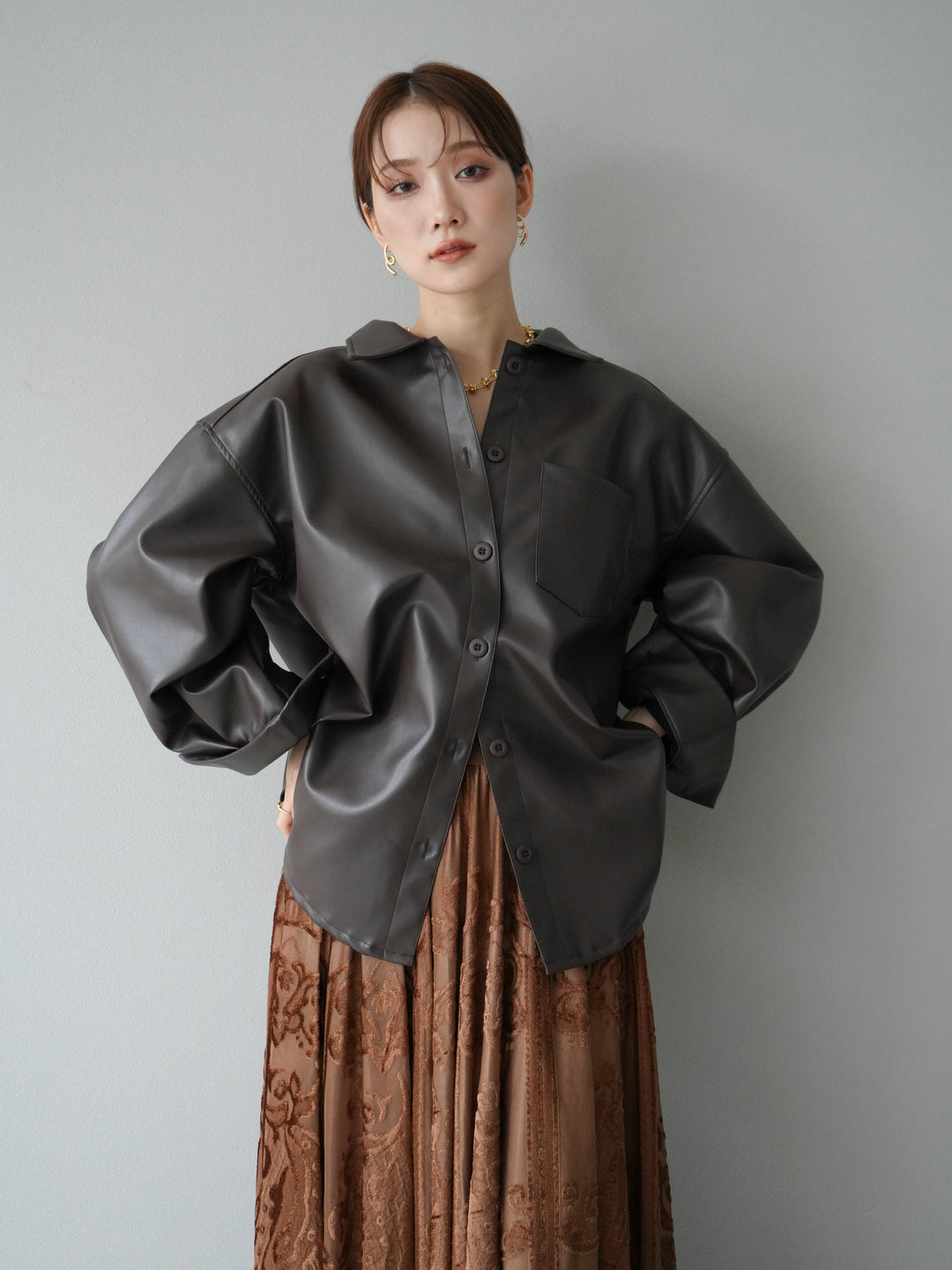 [予約]フェイクレザーシャツ/ブラウン