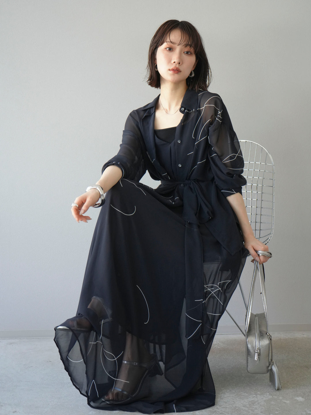 [SET]ペンタッチシフォンキャミワンピース+ペンタッチシフォンシャツ(2set)