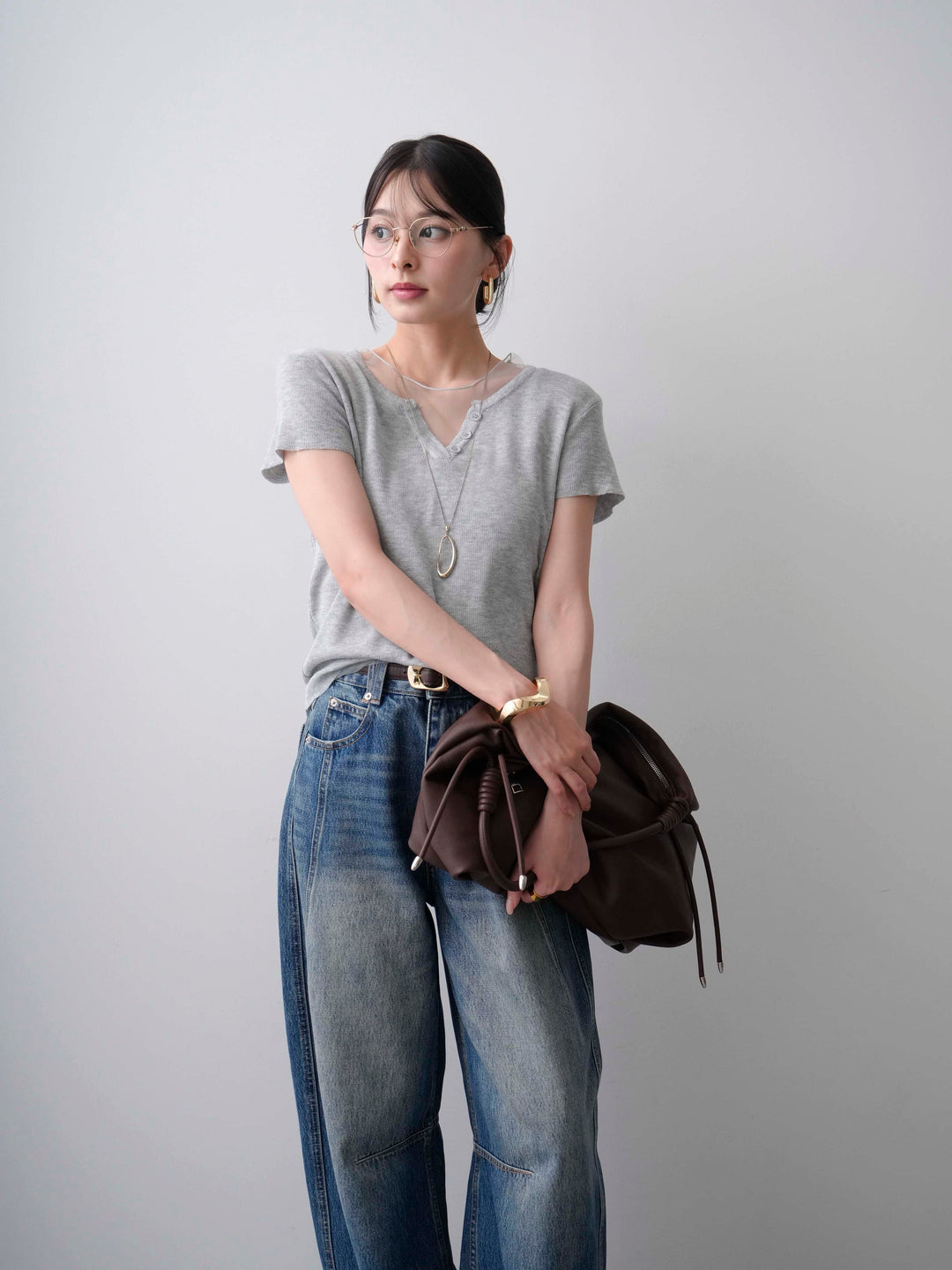 [SET]チュールレーヤードヘンリーフレンチニットトップス+立体カーブデニムパンツ(2set)
