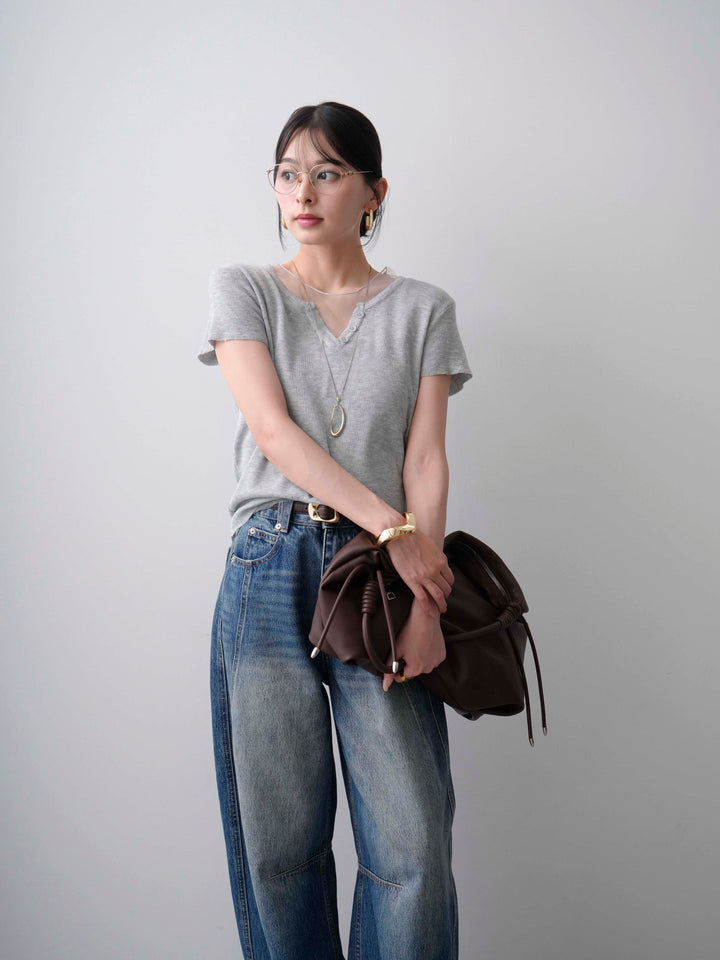 [SET]チュールレーヤードヘンリーフレンチニットトップス+立体カーブデニムパンツ(2set)