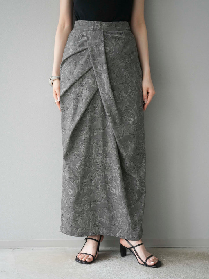 [予約]ペイズリープリントタックIラインスカート/グレー