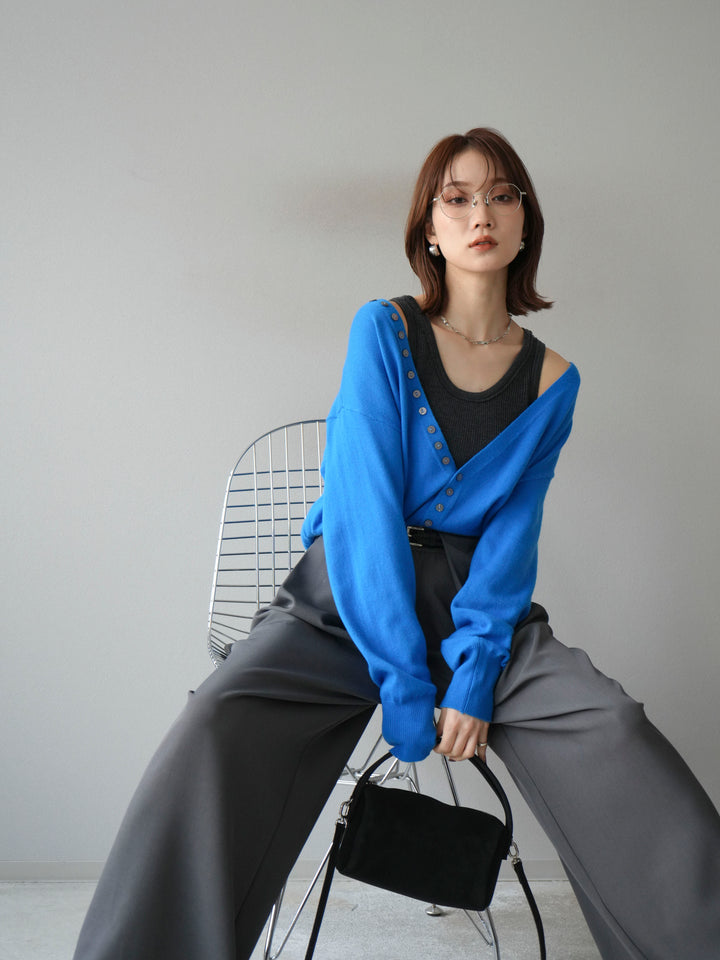 [SET]デザインボタンニットカーディガン＆タンクトップSET+ベルトループデザインワイドパンツ(2set)