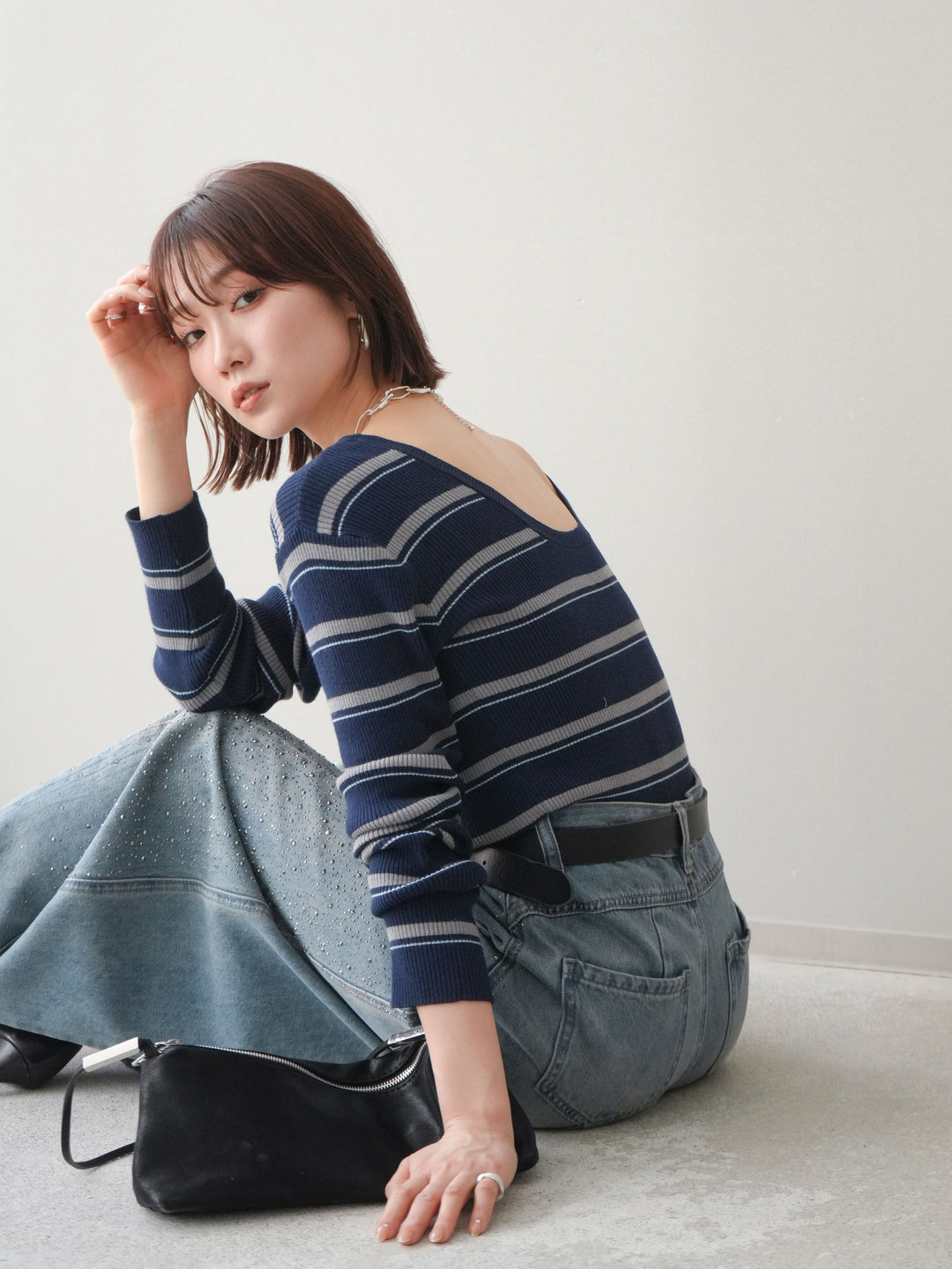 [予約]バックオープンテレコリブマルチボーダートップス/navy