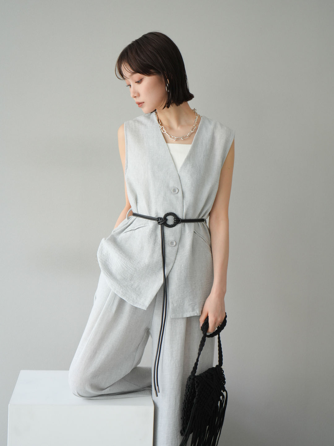 [SET]ベルト付リネンタッチベスト＆ワイドパンツSET UP(2set)