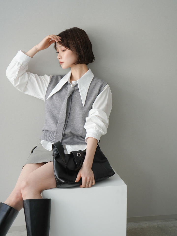 【套裝】蝴蝶結針織背心套裝襯衫+繫帶工裝迷你裙（兩件組）