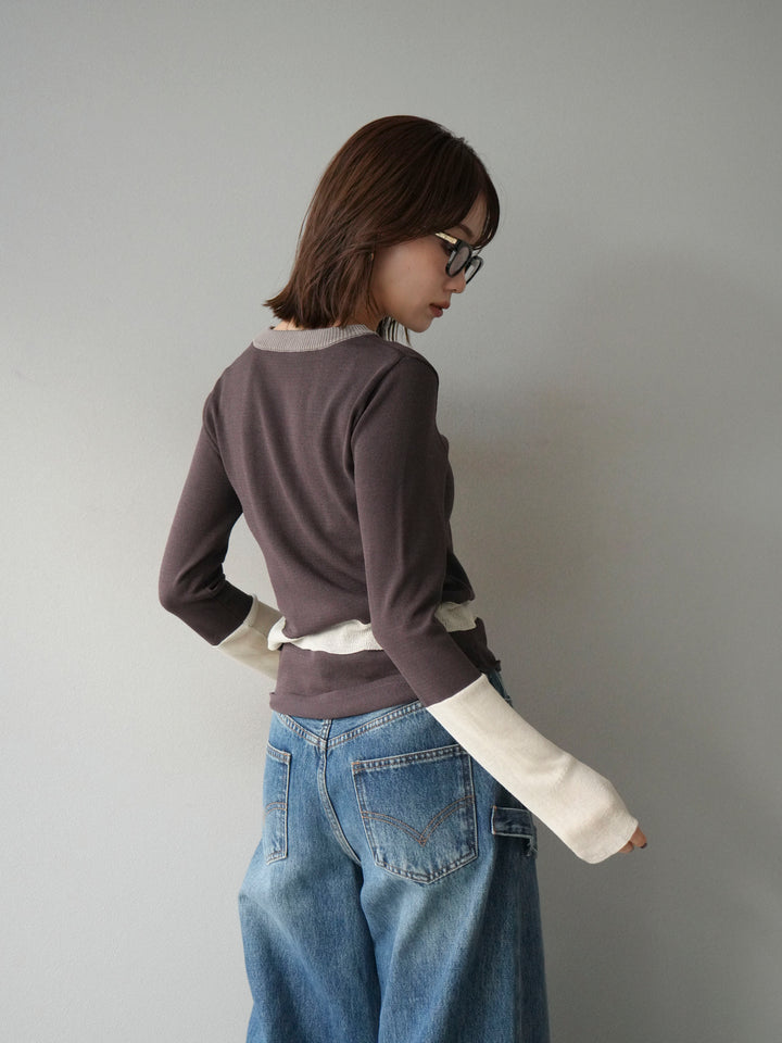 [予約]異素材配色デザインニットトップス/ブラウン