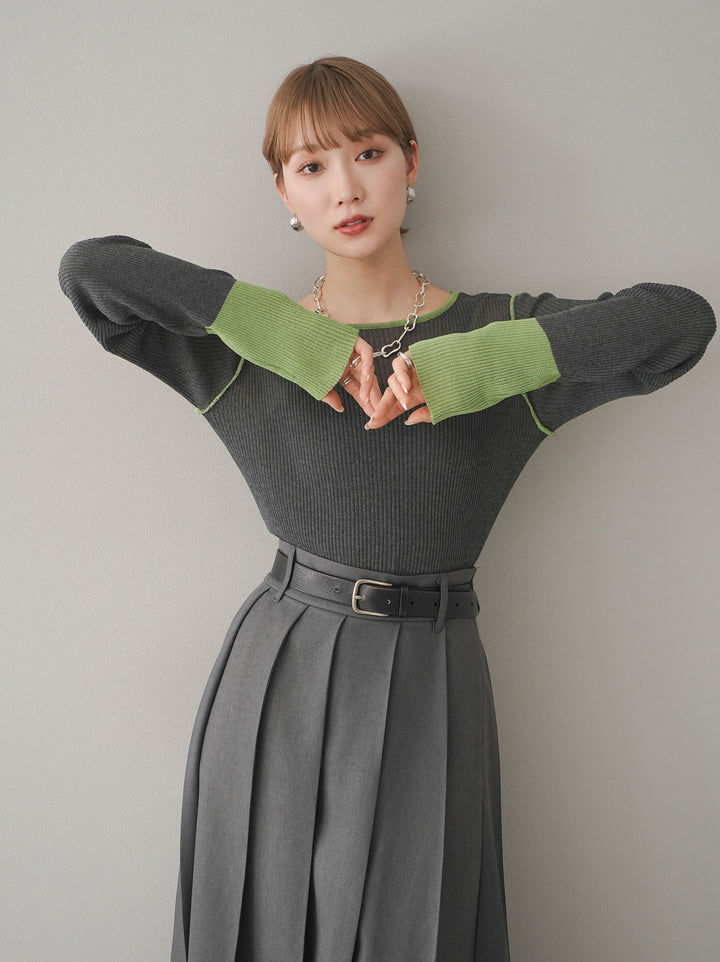 【預購】色彩協調的透明亞麻針織上衣/炭綠色