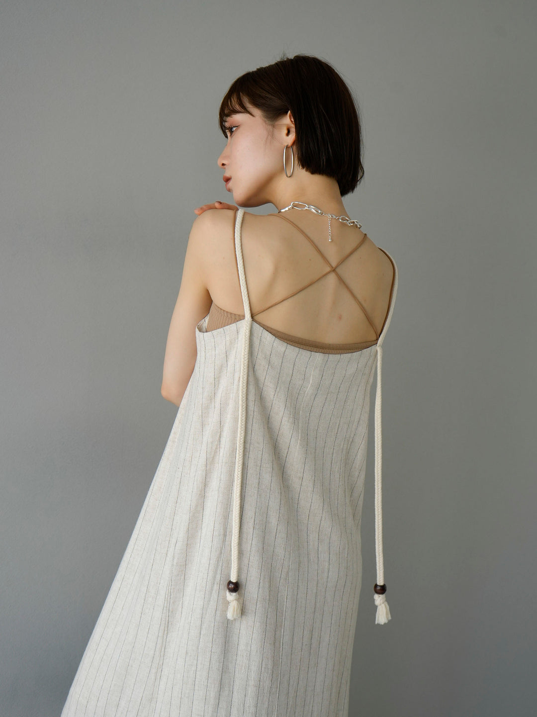 【預訂】棉麻條紋吊帶洋裝/自然色