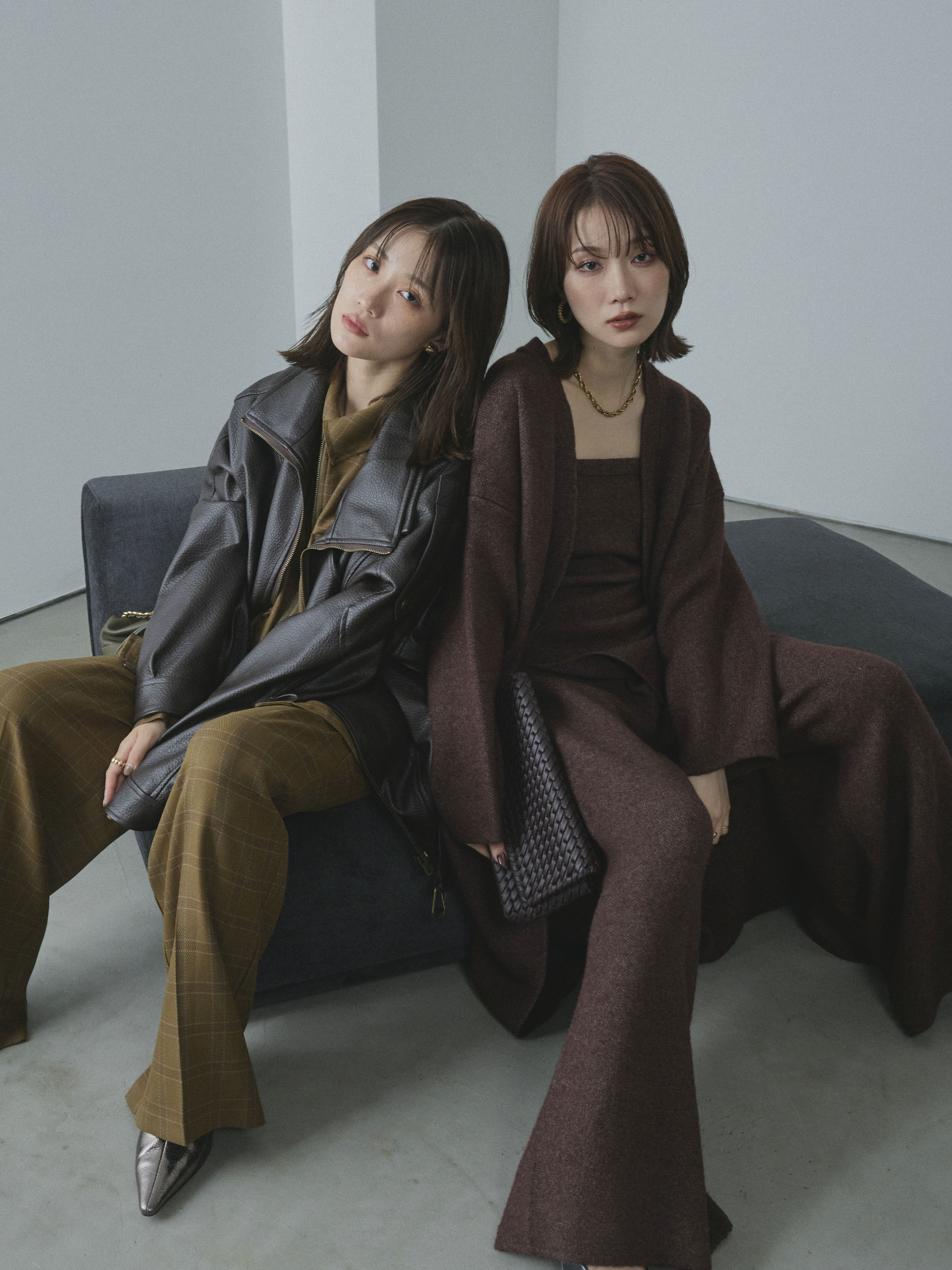 ヘザーブラウン 冬の3点セット Allure】[SET]スタンドカラーレザーブルゾン+杢チェックタックパンツ
