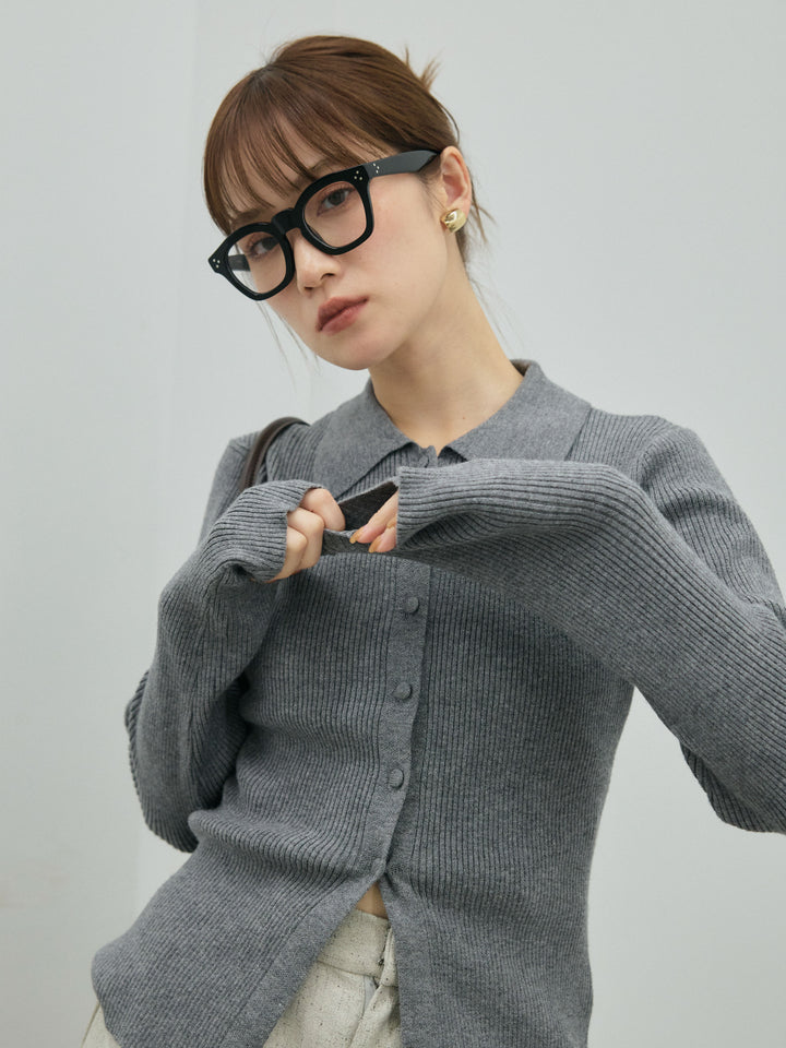 【Allure】[SET]くるみボタンポロリブニットトップス+くるみボタンポロリブニットトップス(2set)