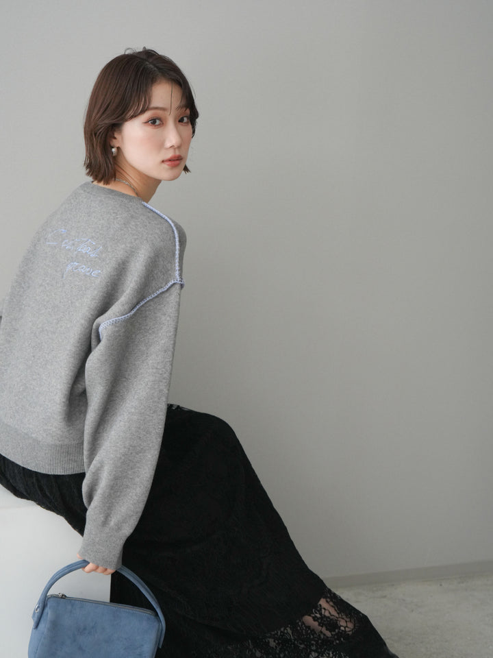 [SET]バックロゴ刺繍配色ステッチニットプルオーバー+選べるアクセセット(2set)