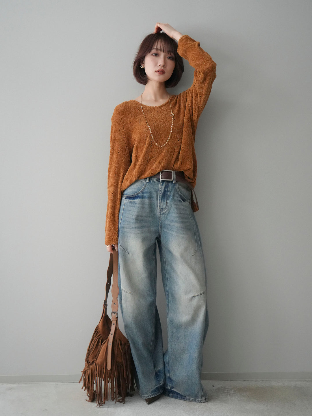 [SET]モール透かし編みニットトップス+ベルト付カーブデニムパンツ(2set)