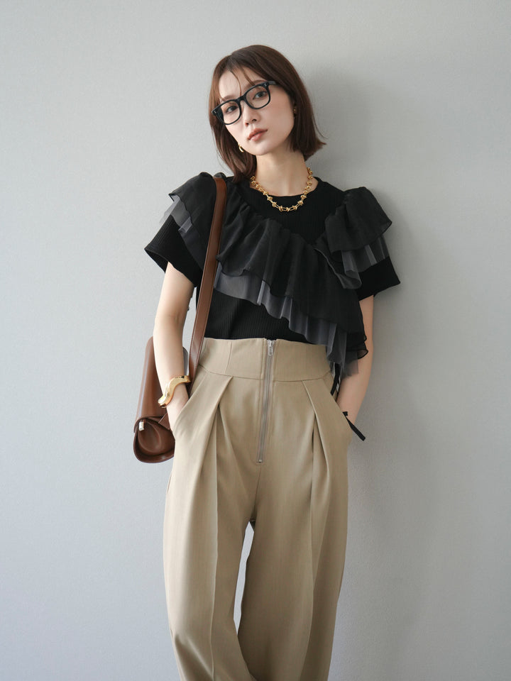 [予約]アシメフリルドッキングカットソー/ブラック