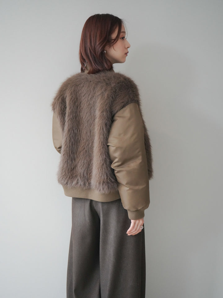 [SET]ファードッキングMA-1+袖ボタンボトルネックリブニットトップス+アニマル柄ベルト付きウールタッチワイドパンツ(3set)