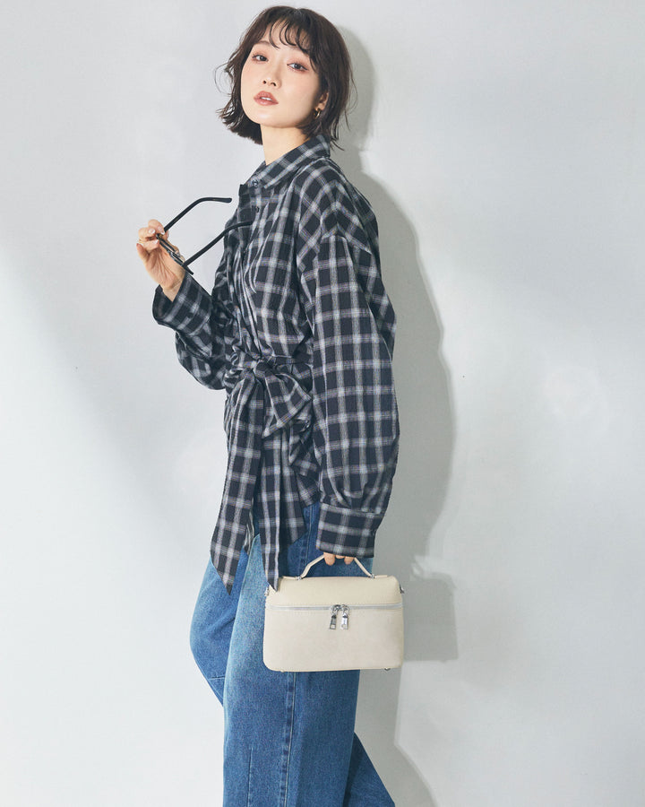 【Allure】[SET]ウエストアシメリボンシャツ+アシメカーブデニムパンツ(2set)