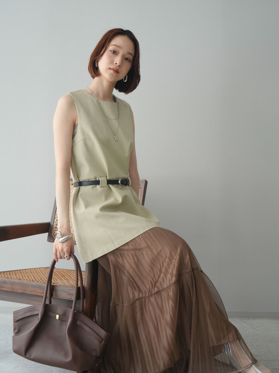 [SET]ベルト付リネンライクノースリチュニック+選べるアクセセット(2set)