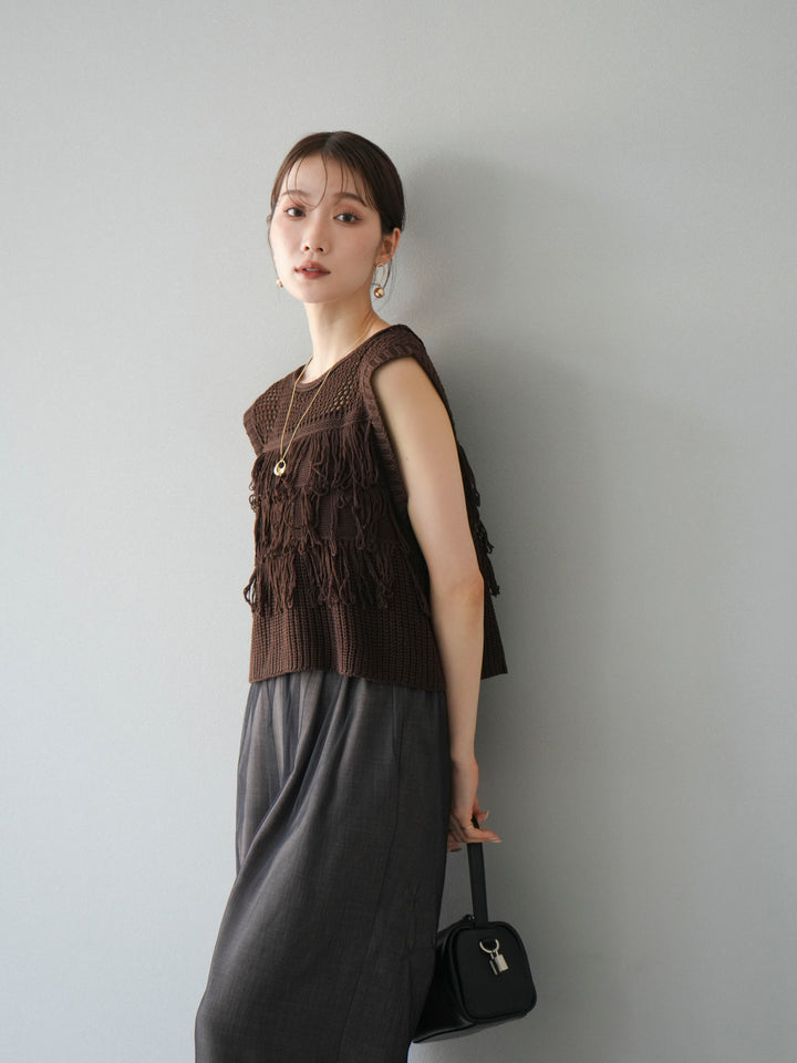 [SET]透かし編みフリンジニットトップス+コード刺繍チュールレイヤードパンツ(2set)