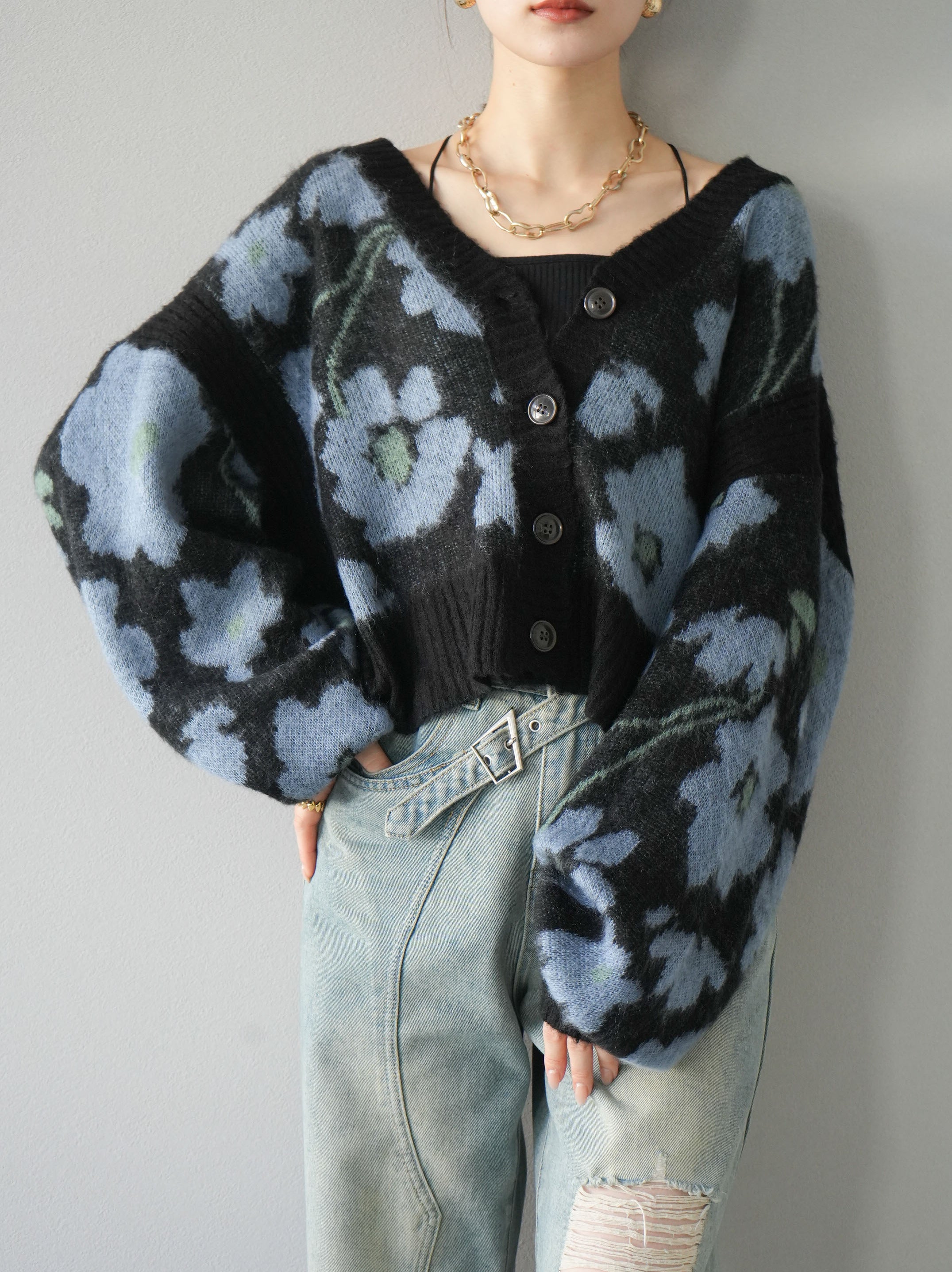 SET]フラワー柄クロップドニットカーディガン+フラワー柄クロップド