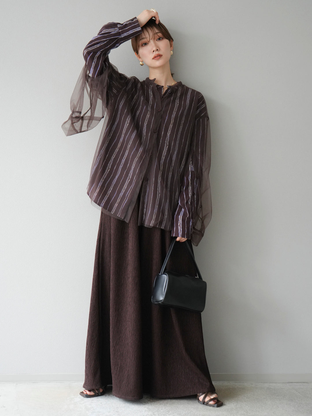 [予約]2WAYスリーブチュールシャツ/ブラウン