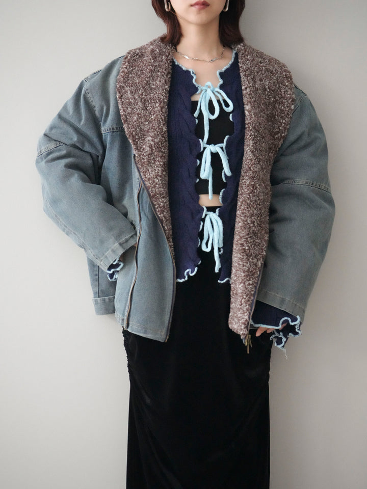 [SET]ミックスボアデニムジャケット+フロントリボン配色メローニットカーディガン+ギャザーベロアスカート(3set)