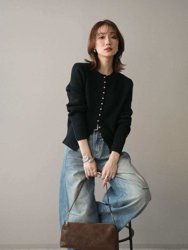 [予約]シルバーボタン畦編みニットカーディガン/black