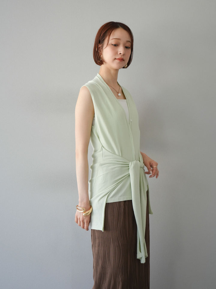 [SET]腰巻きデザインノースリーブニットカーディガン+ウェーブパイピングタイトスカート(2set)