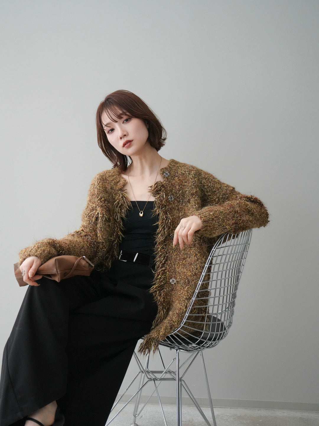 [予約]ミックスヤーンフリンジデザインニットジャケット/brown