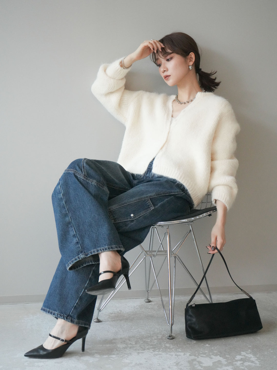 [予約]キーネックシャギーニットカーディガン/ivory