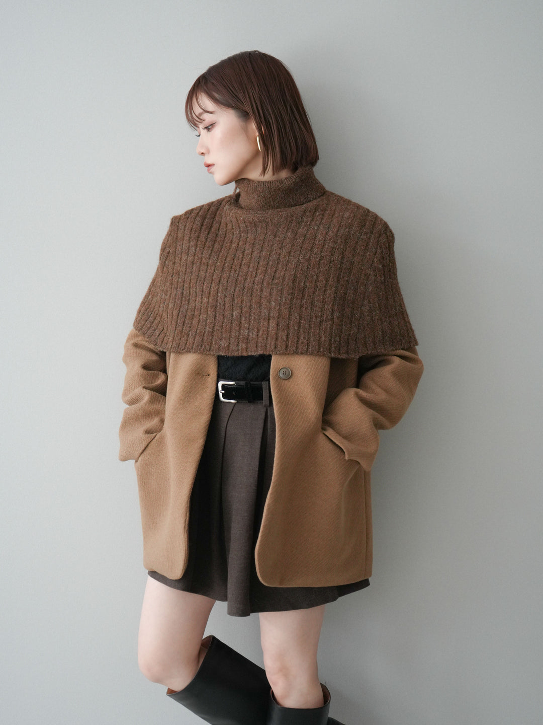 [20%オフ]ケープ付ノーカラージャケット/brown