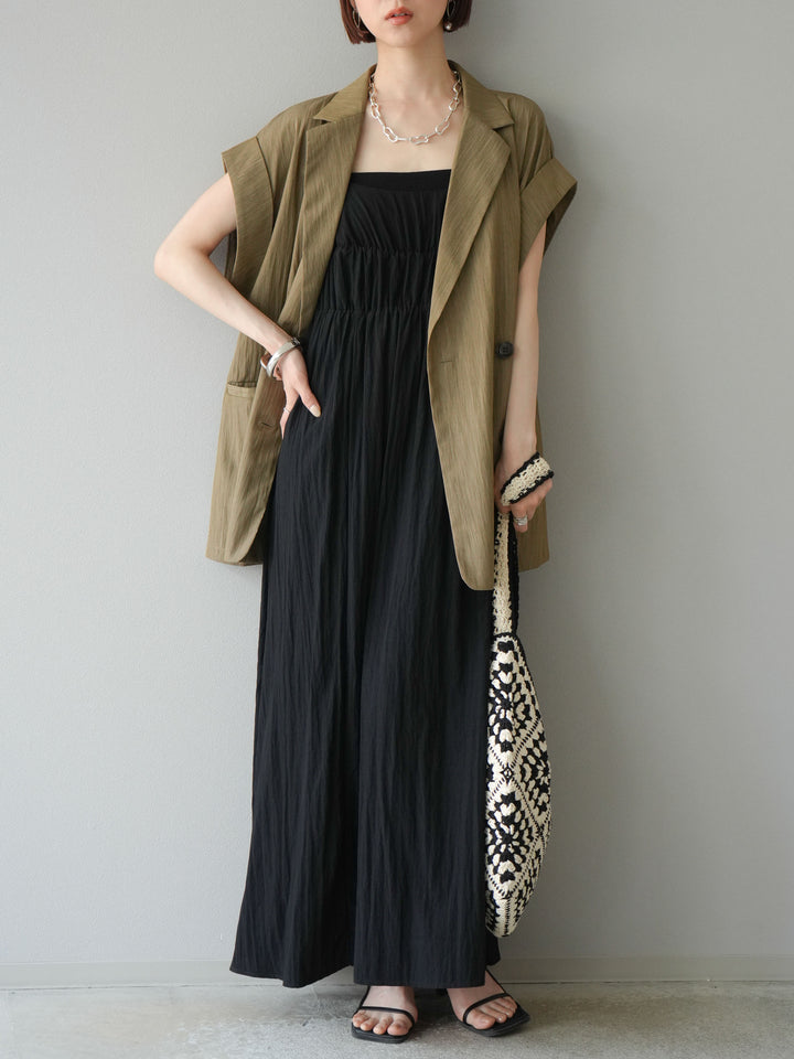 [SET]レーヨンシャーリングキャミワンピース+リネンライクノースリーブダブルジレ(2set)