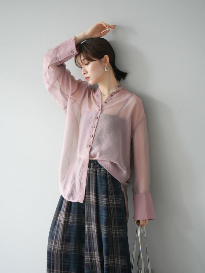 [SET] 亮面透視立領襯衫 + 透視格紋寬鬆褲 (2 件套)