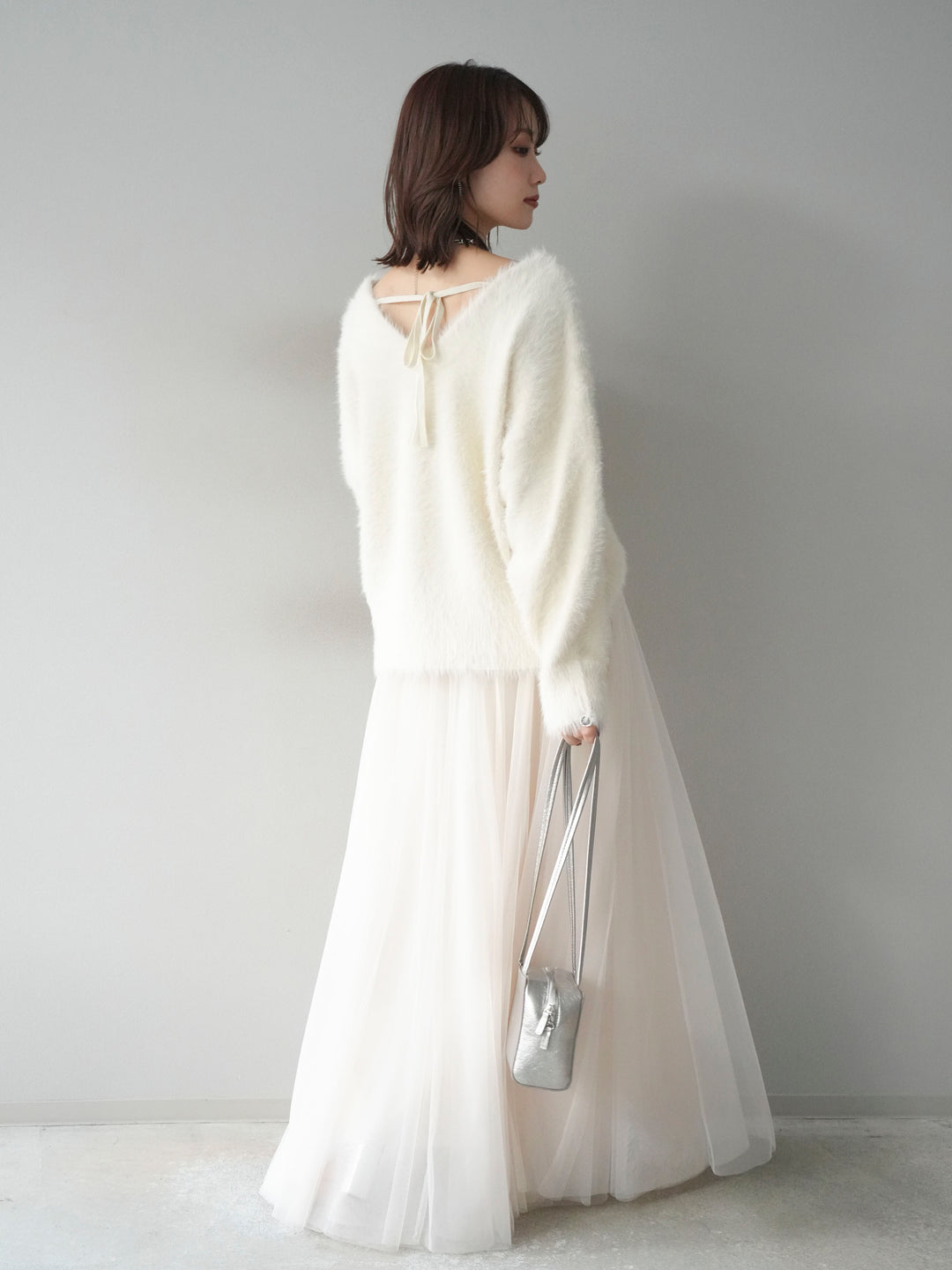 [SET]バックリボンVネックシャギーニットプルオーバー+チュールボリュームスカート(2set)