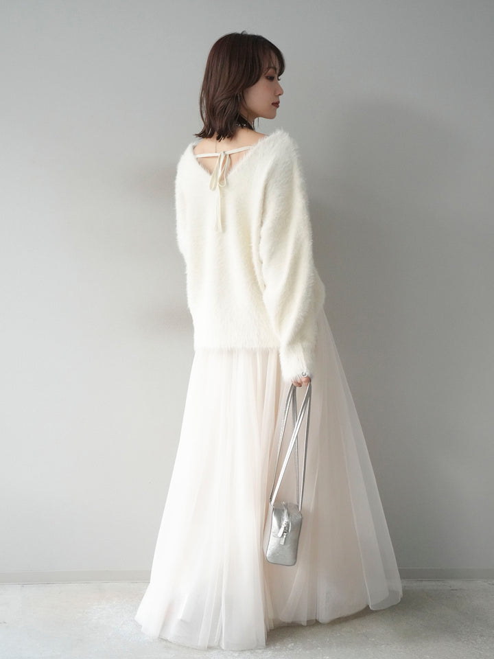 [SET]バックリボンVネックシャギーニットプルオーバー+チュールボリュームスカート(2set)