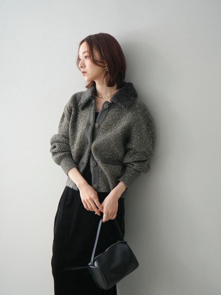 [SET]襟ボアミックスヤーンニットカーディガン+ギャザーベロアスカート(2set)