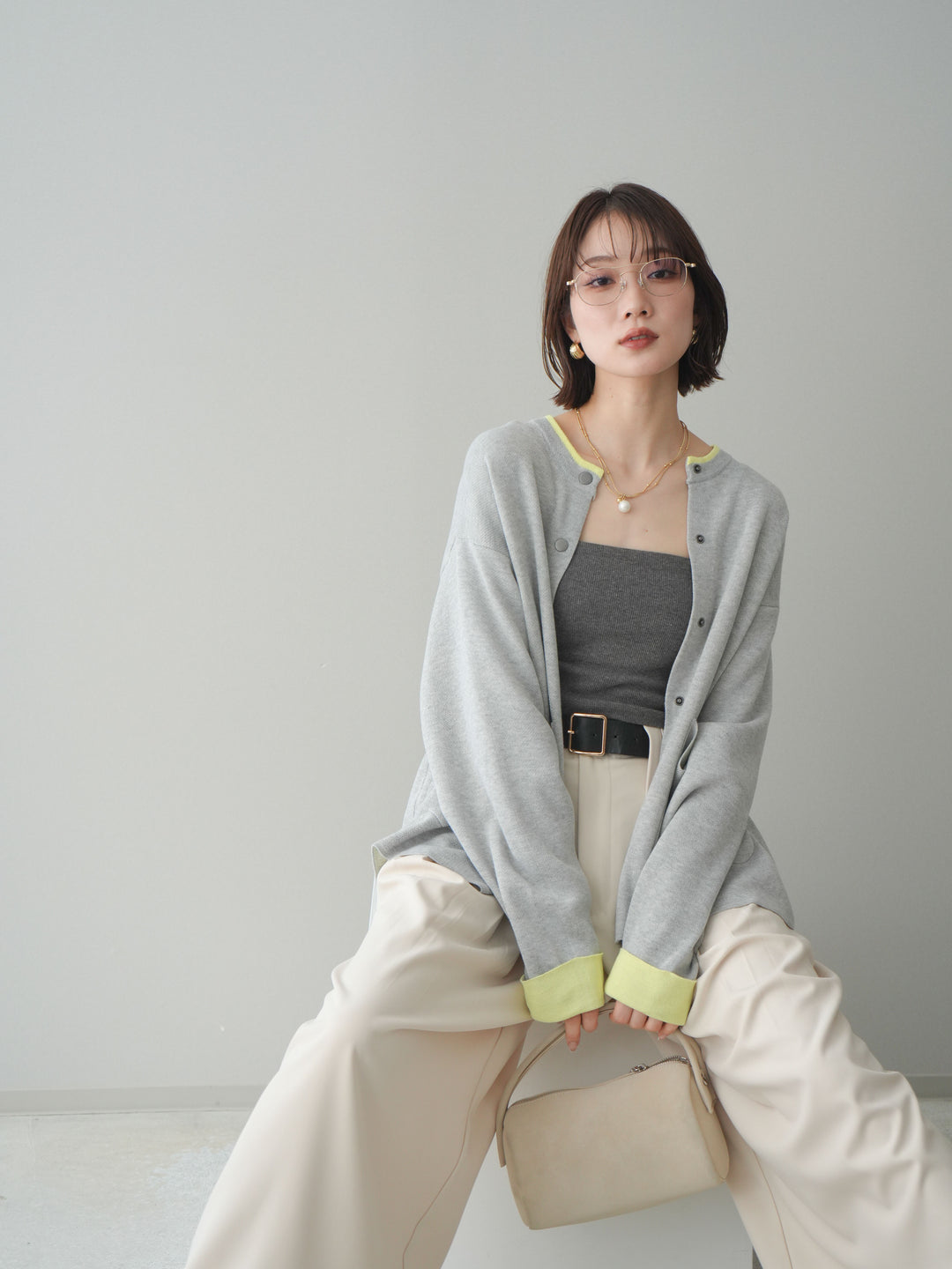 [SET]バイカラーオーバーニットカーディガン+タックベルトループワイドパンツ(2set)