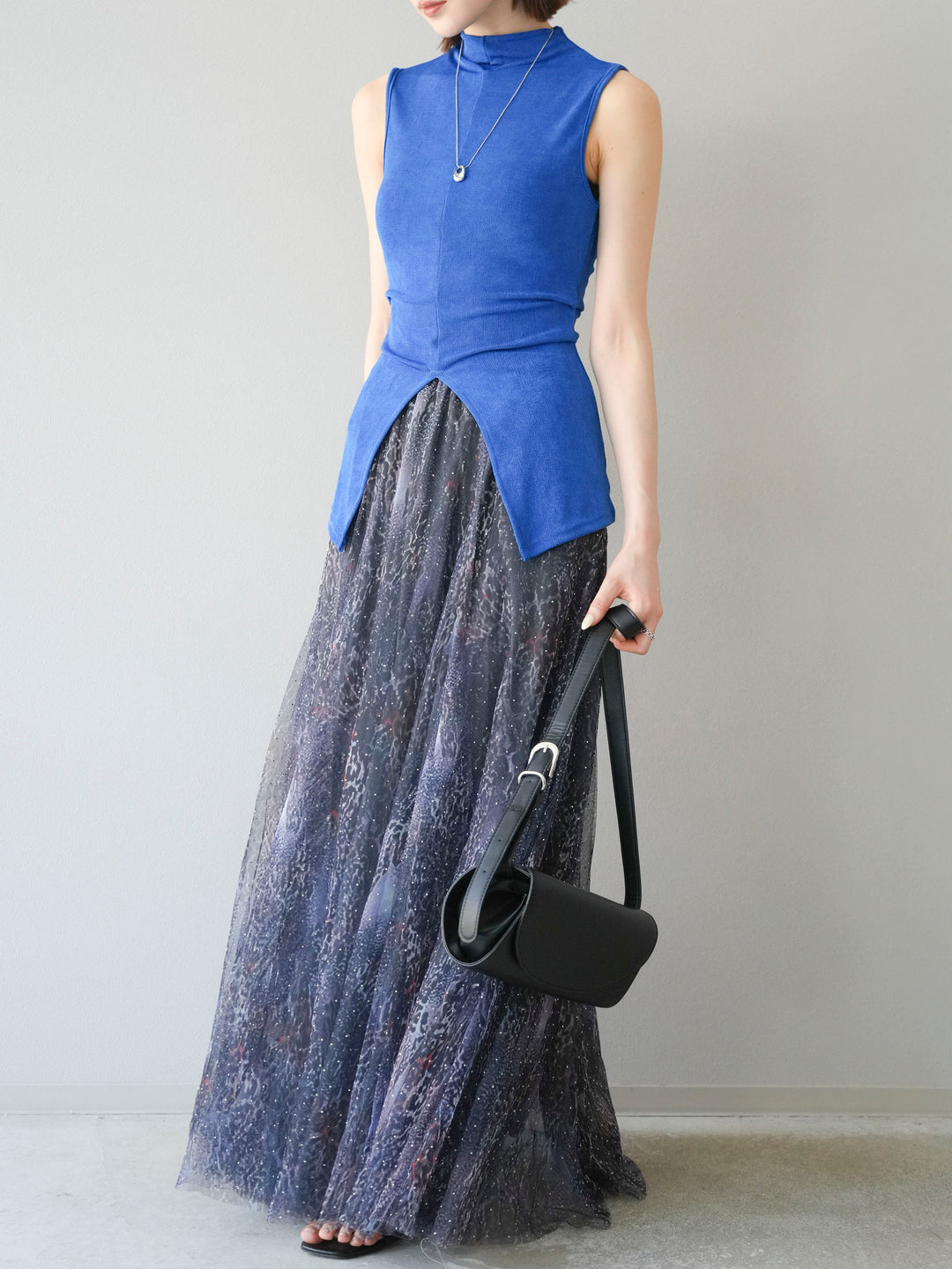 [予約]ニュアンス柄チュールレイヤードプリーツスカート/ネイビー