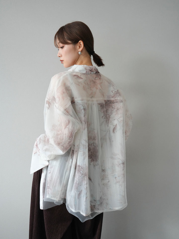 [予約]チュールドッキングフラワー柄オーバーサイズシャツ/オフ