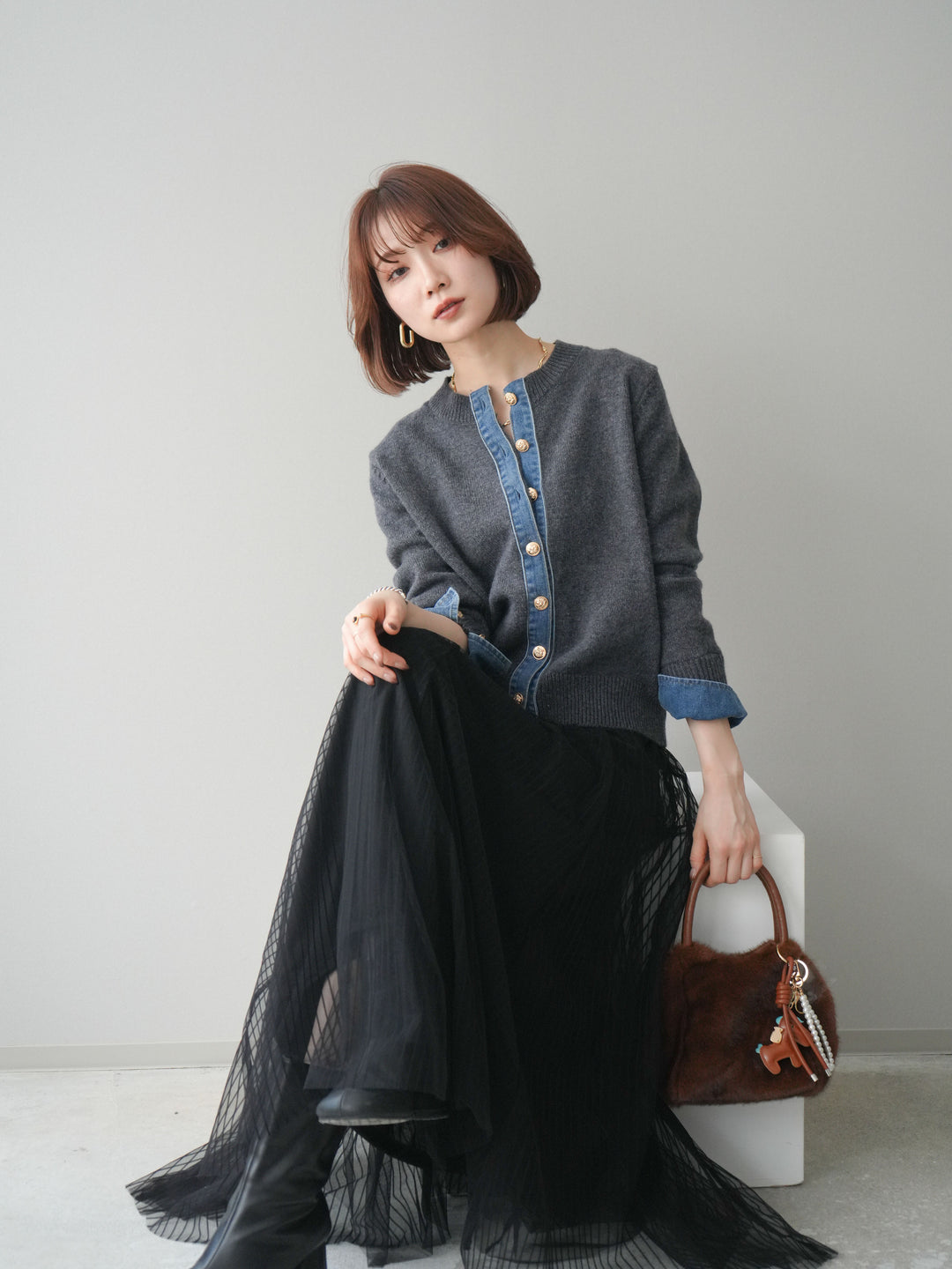 [SET]クルーネックデニムドッキングニットカーディガン+選べるアクセセット(2set)