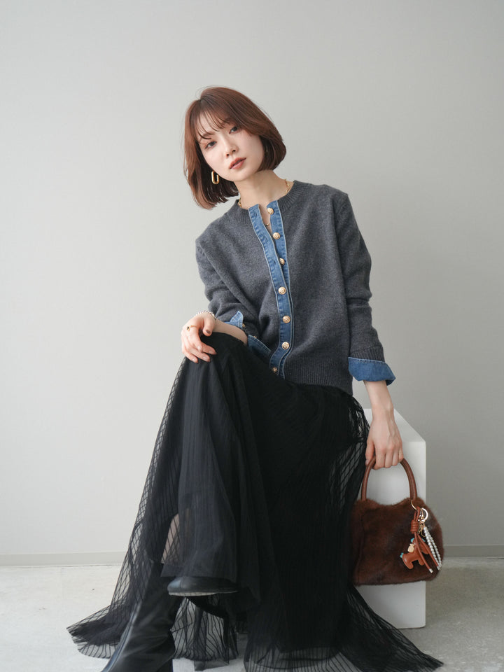 [SET]クルーネックデニムドッキングニットカーディガン+選べるアクセセット(2set)
