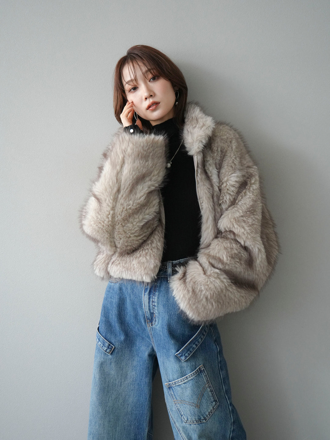 [予約]フェイクファーショートZIPジャケット/beigemix