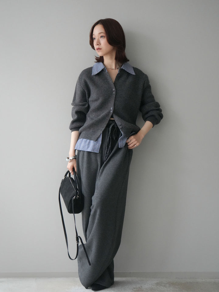 [SET]チェックシャツ襟ニットカーディガン+編み込みベルト付きウエスト配色スエットパンツ(2set)