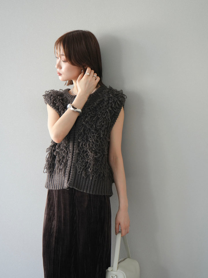 [SET]レザー襟オンブレチェックオーバーシャツ +ループデザインホックベスト +クラッシュベロアナロースカート(3set)