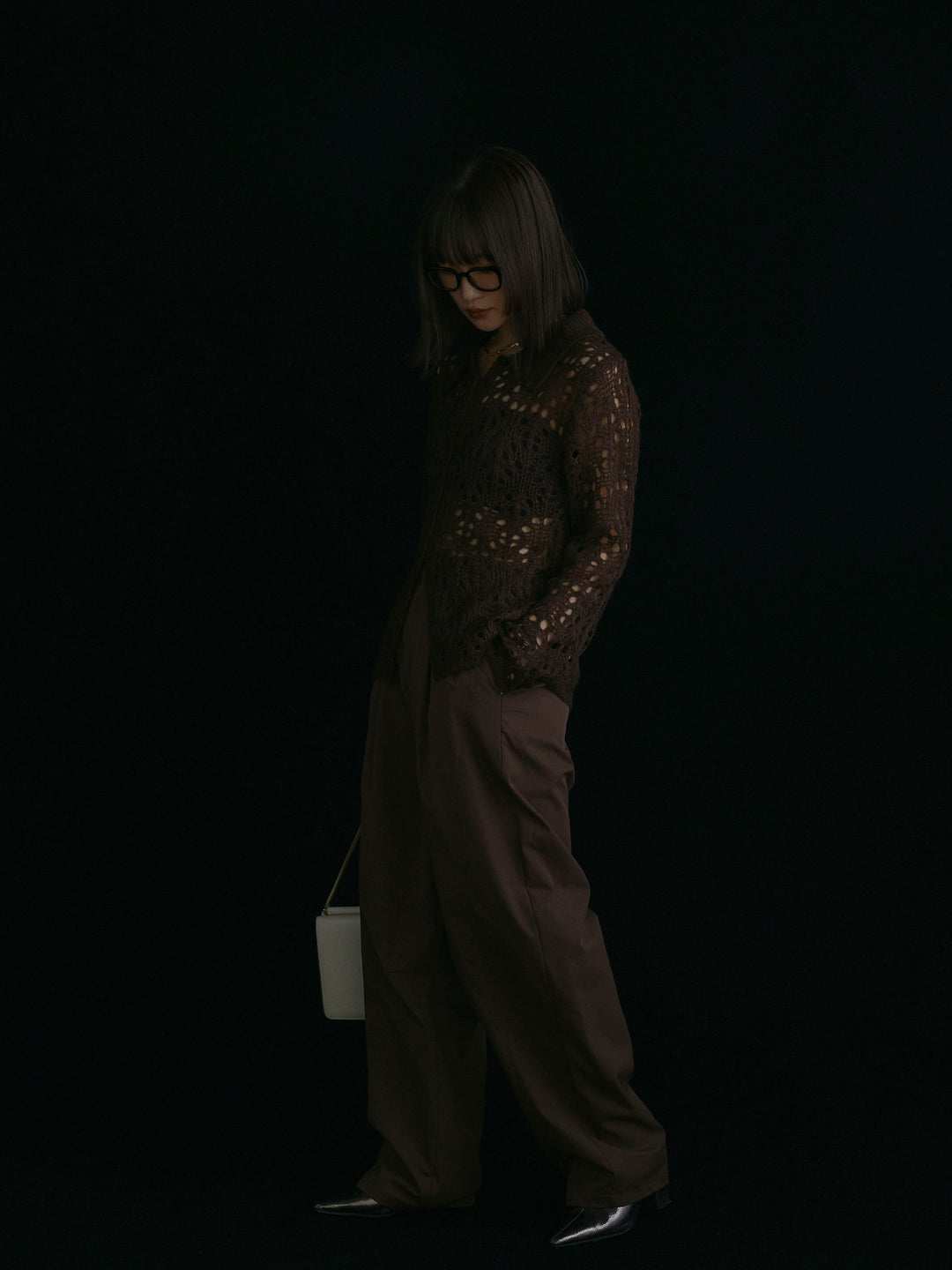 【Allure】[SET]ローゲージ透かし編みポロニッカーディガン+タフタワイドカーブパンツ(2set)